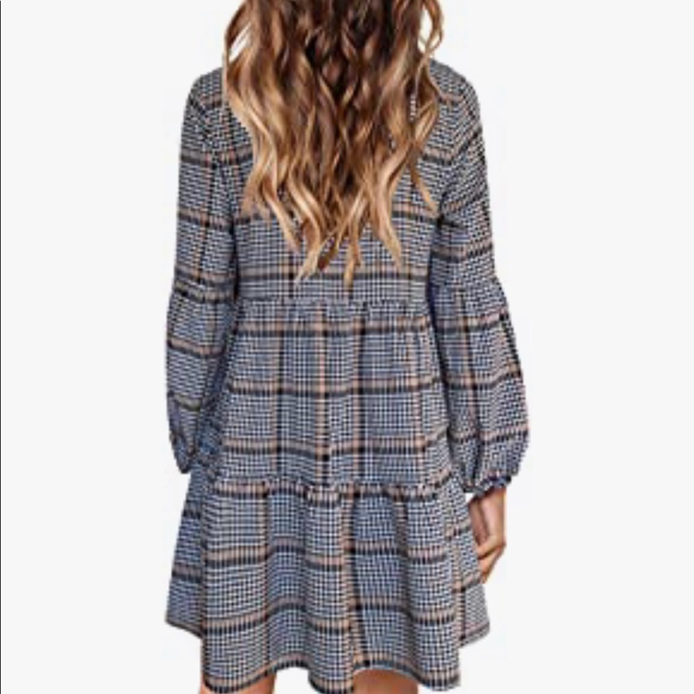 Swing Shift Dress Long Sleeve V Neck Tunic Dress - Picture 2 of 2